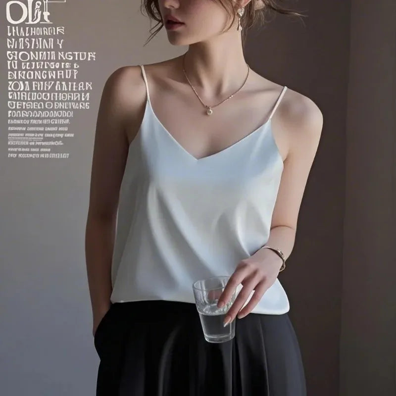 Woman T-shirts Elegant Faux Silk Satin Blouse Sleeveless Female Summer Casual Loose Tanks and Camis Solid Green Tops for Women