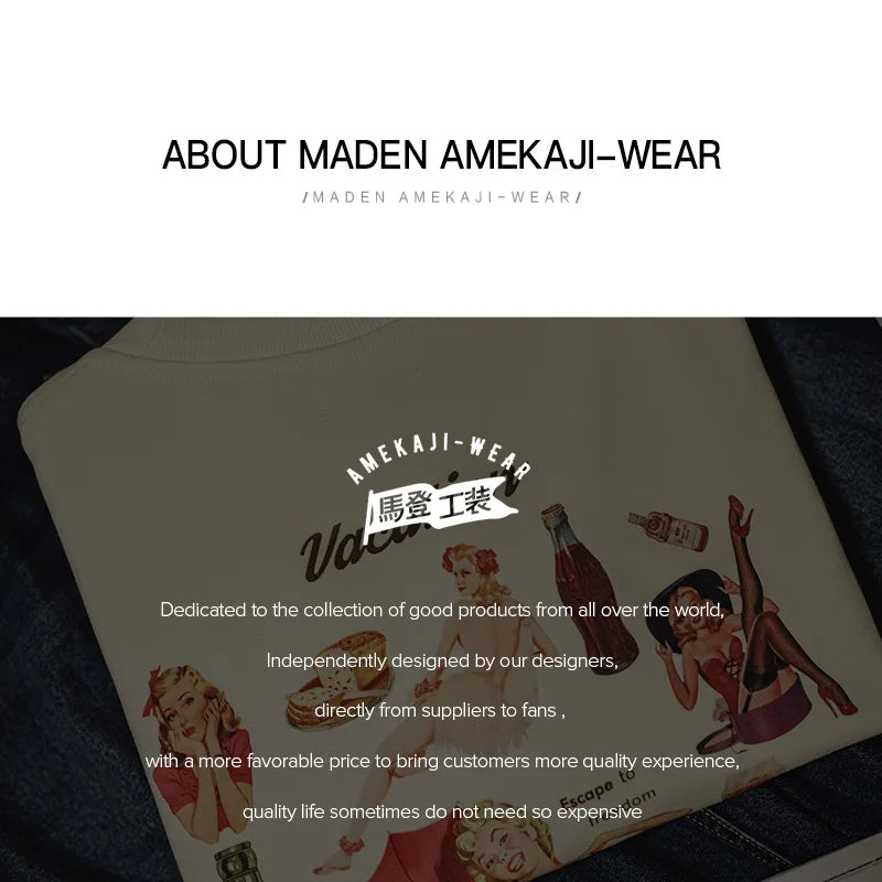 Maden Vintage Back-Printed Long-Sleeve T-Shirt Loose Casual Round-Neck Pullover for Men's Spring and Fall 60's Street-Style Tops