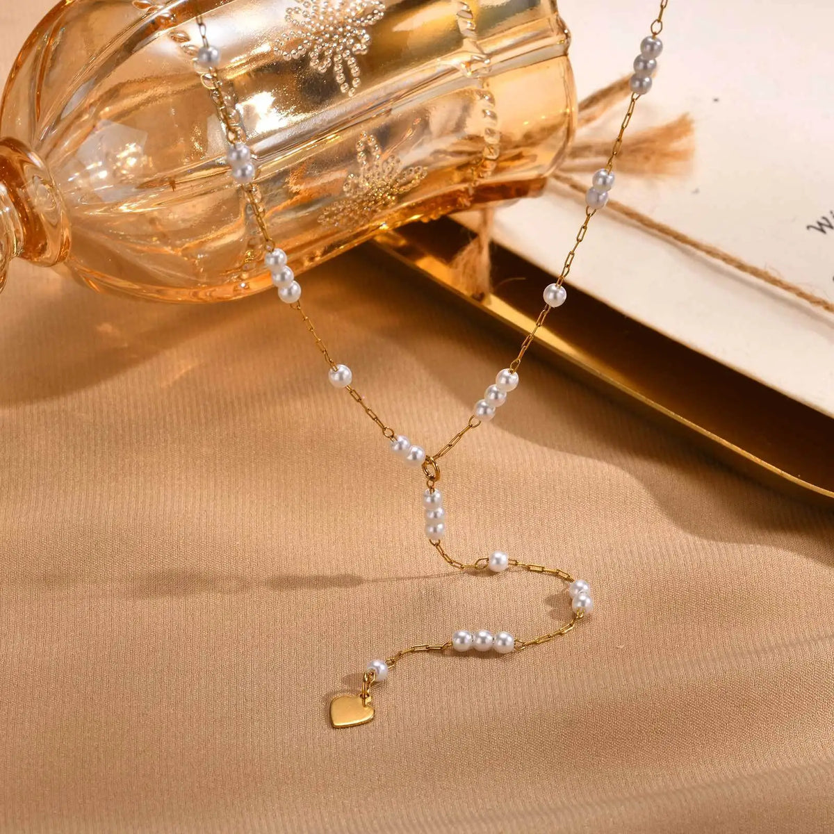 Women Pearl Long Necklace, Y Shape Pearl Drop Lariat Necklace, Waterproof Gold Plated Valentine's Day Gift