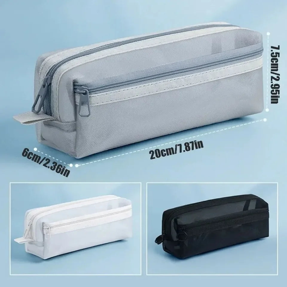 Double Layer Mesh Pen Bag Large Capacity Transparent Stationery Storage Bag Multifunctional Zipper Exam Supplies Organizer