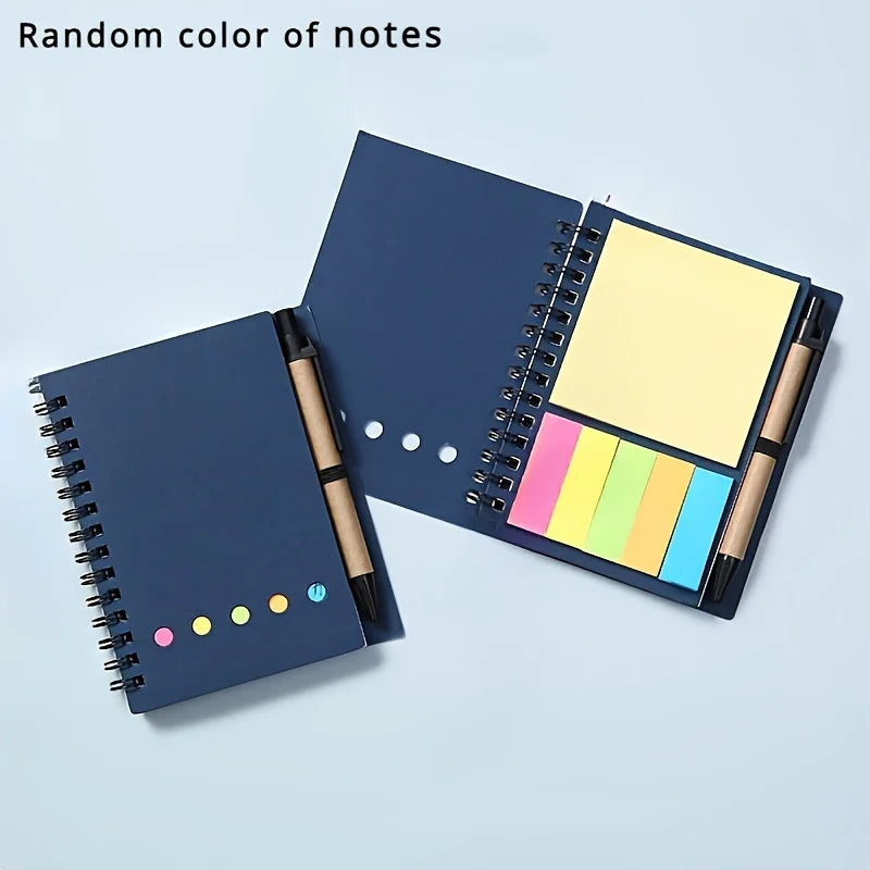 Spiral pocket notebook with pen holder, sticky notes, and colored index tags - Durable brown paper cover notebook  Easy to carry