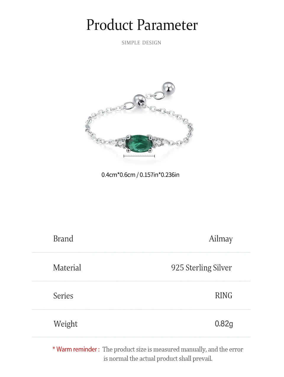 Ailmay Top Quality 925 Sterling Silver Trendy Green Oval  Adjustable Link Chain Rings For Women Fine Jewelry Gifts