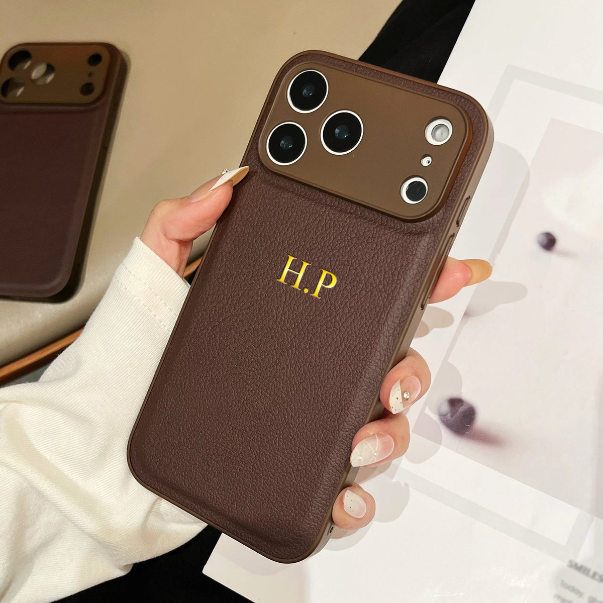 Personalized Luxury Classic Faux Leather Case For IPhone18 17 16 15 14 13 Pro Max Air Custom Name Gold Hot Foil Engraved Case