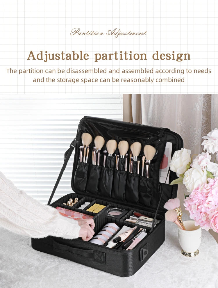 Travel Makeup Bag Makeup Train Cases Professional Lipstick Organizer with Shoulder Strap Adjustable Dividers for Cosmetics Makeu