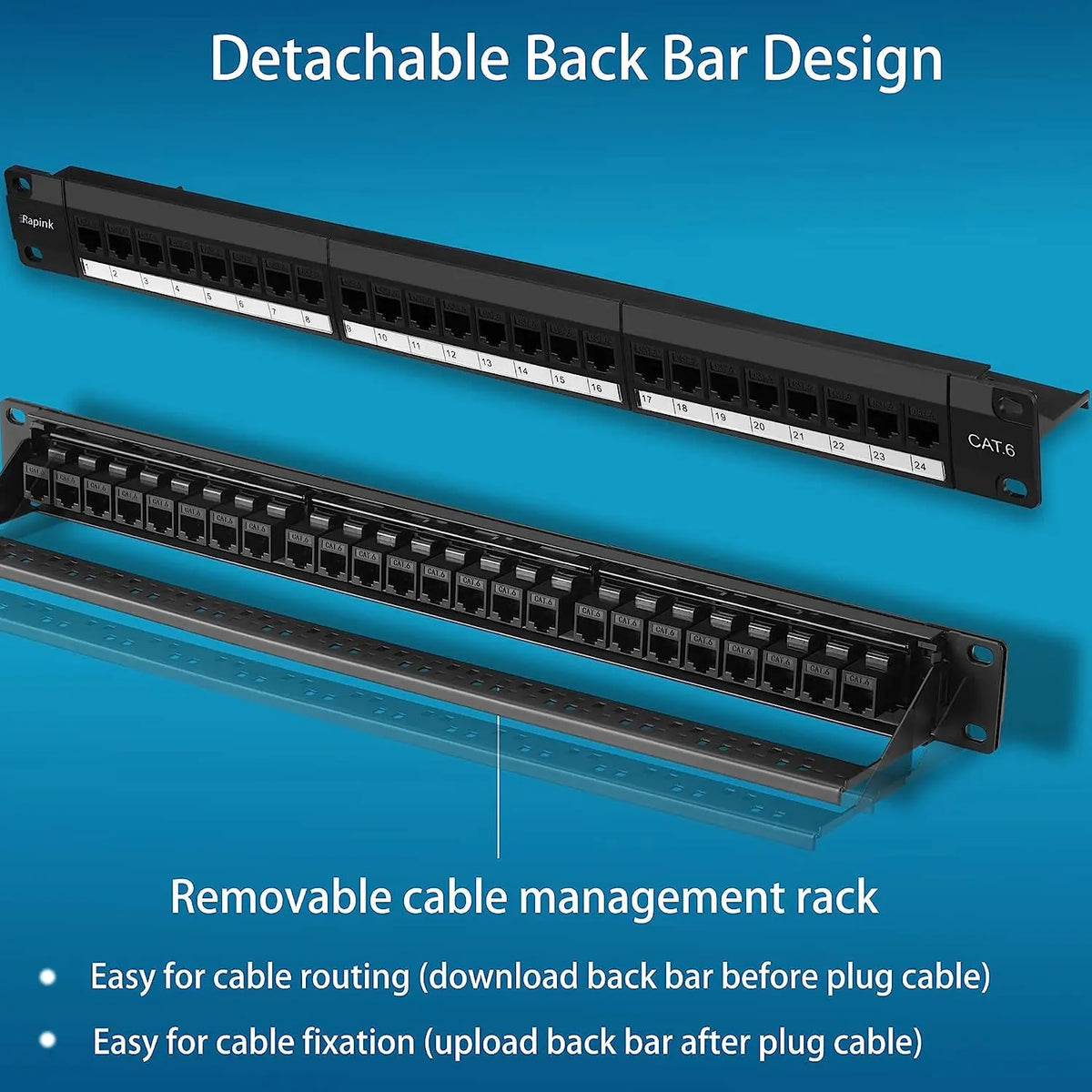 ZoeRax 24 Port Patch Panel with Cat6 Cat6A RJ45 Coupler  1U/19-Inch Patch Panel Removable Back Bar Ethernet Distribution Frame