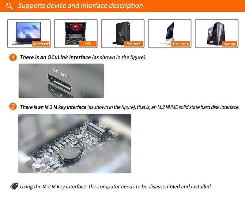 OCuP4V2 OCuLink External Graphics Card Dock PCI-E 4.0 x4 ReDriver Optional M.2 M key Adapter for Laptop Mini PC to Video Card