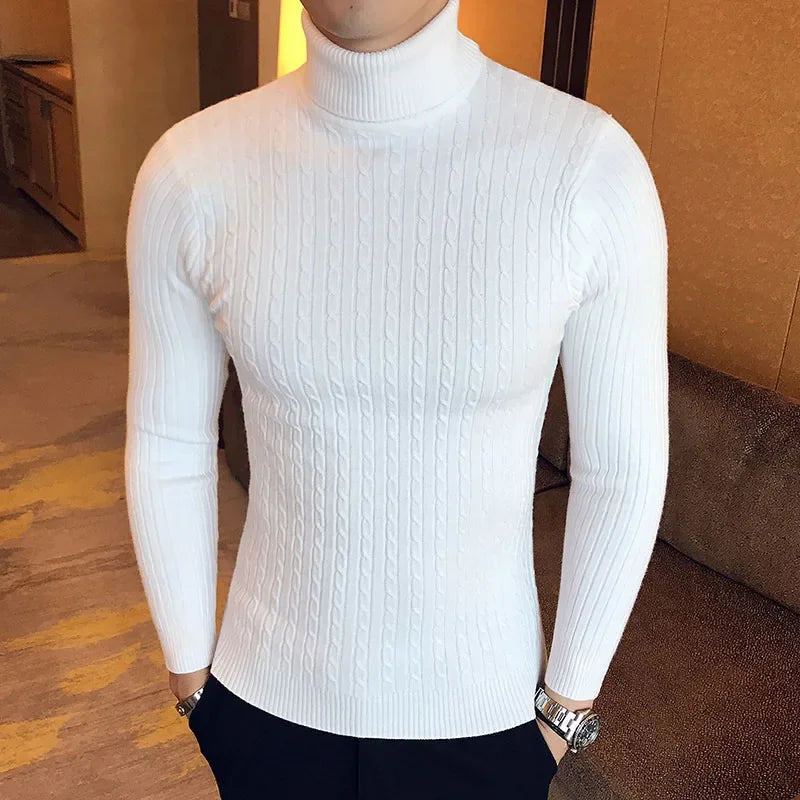 New Men's Pullover Knitted Slim Fit Sweaters Casual Turtleneck Sweashirts Casual Warm Tops Basic Solid Color Loose Sweatwear