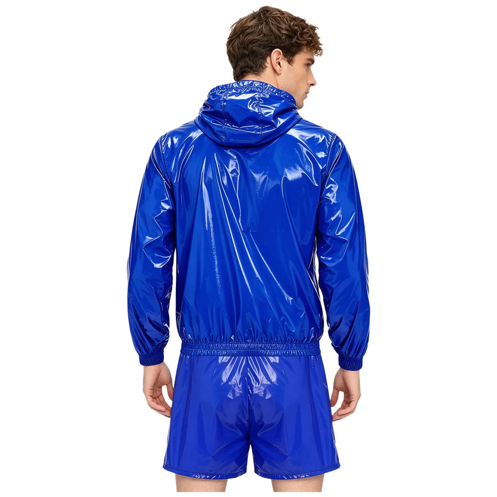 Mens 2 Pcs Waterproof Tracksuit Long Sleeve Front Zipper Hooded Jacket with Drawstring Elastic Waistband Shorts Gyms Sportwear