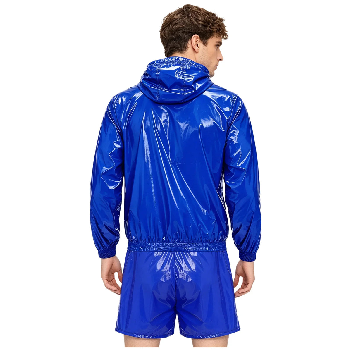 Mens 2 Pcs Waterproof Tracksuit Long Sleeve Front Zipper Hooded Jacket with Drawstring Elastic Waistband Shorts Gyms Sportwear