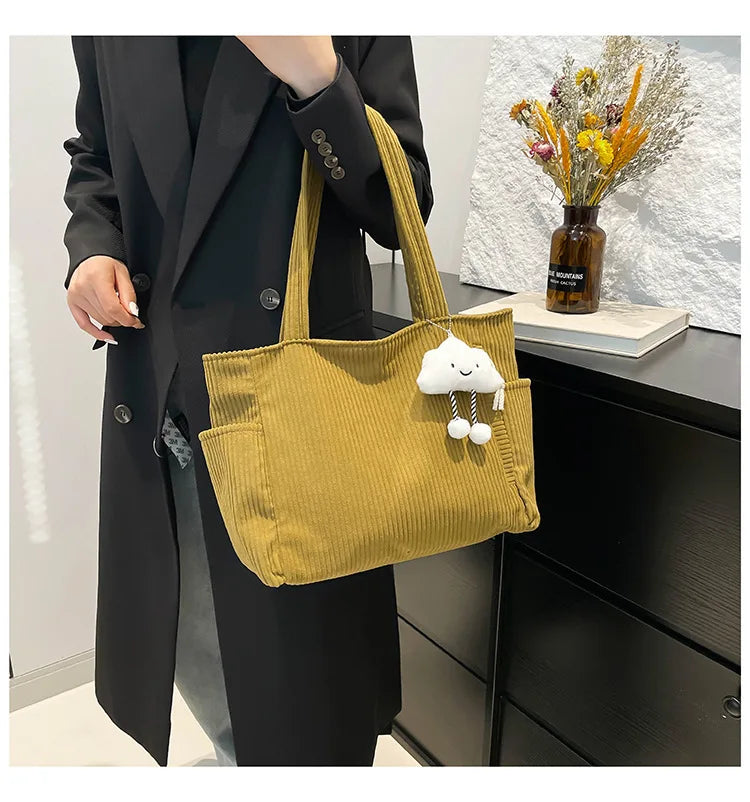 Corduroy Women Bag Fashionable Large Capacity Handbag Shoulder Bag Versatile Artistic Retro Student Class Bag with Zipper Pocket