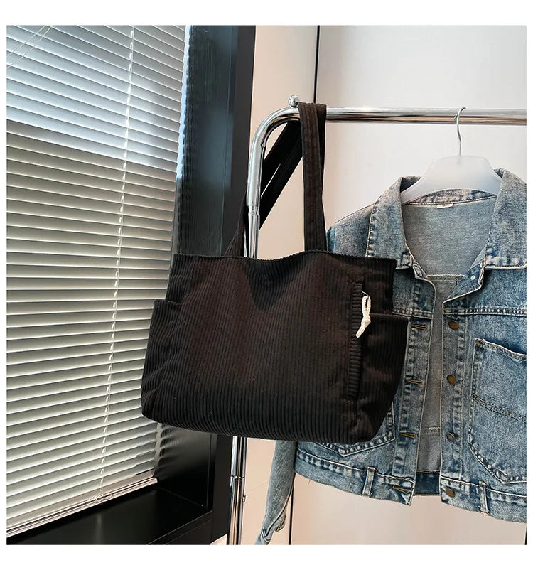 Corduroy Women Bag Fashionable Large Capacity Handbag Shoulder Bag Versatile Artistic Retro Student Class Bag with Zipper Pocket