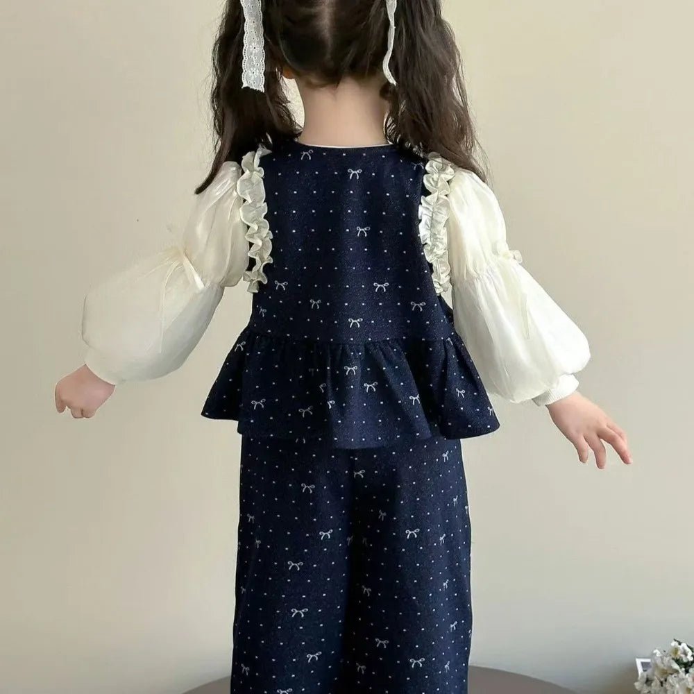 Bear Leader Children's Clothing Autumn Imitation Denim Ruffle Girls Clothes Bow Printed Vest+Long Sleeved Shirt+Pants 3 Pcs Set