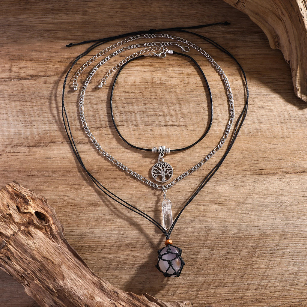 PuRui Vintage Natural Stone Beads Pendent Necklace for Women Crystal Charm Multilayer Rope Choker Neck Chain Jewelry Party Girls