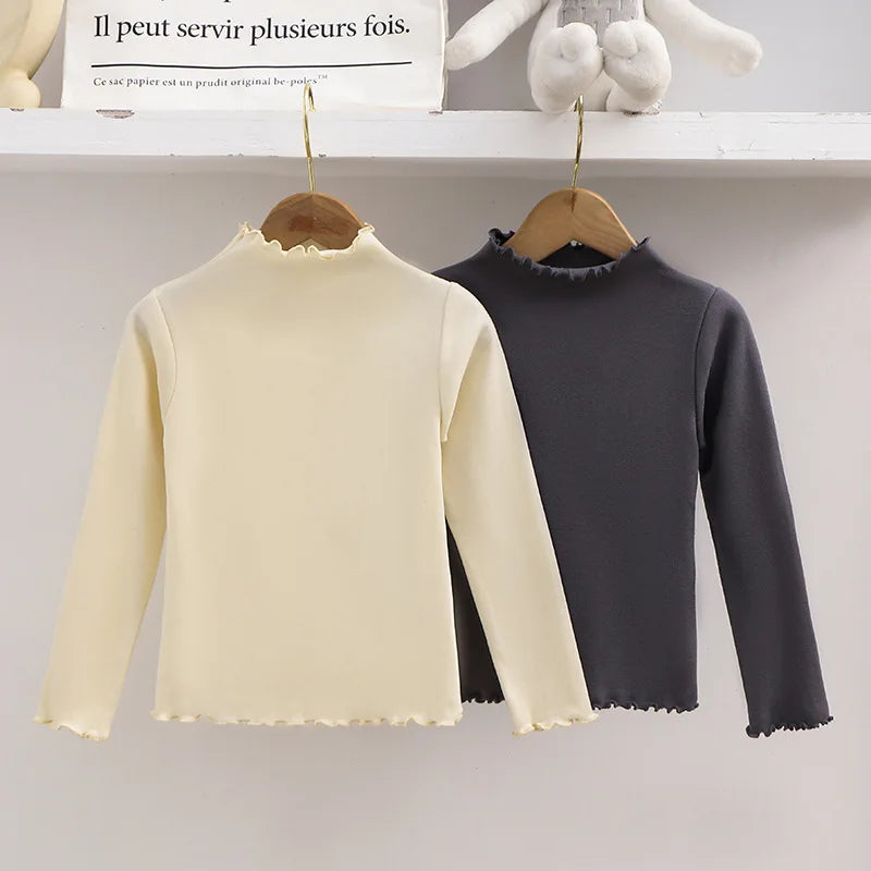 Autumn Kids Long Sleeve T-Shirt Ruffle Trim Solid Color Top For 1-8Y Girls Casual Soft Warm Children Clothing
