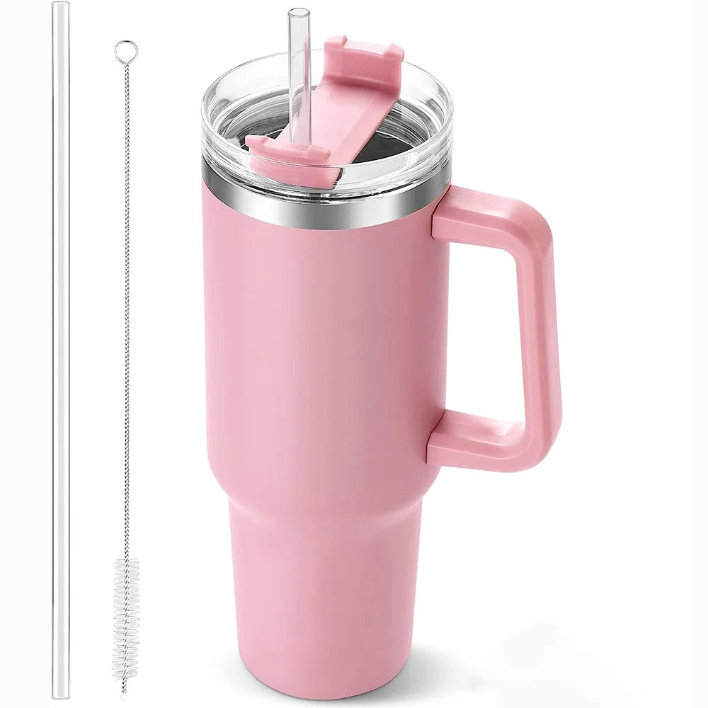 40oz Tumbler with Handle and Straw, Pink Insulated Travel Mug Iced Coffee Cup, Reusable Stainless Steel Insulated Water Bottle