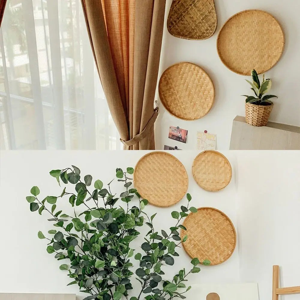 4 Size Hand-woven Bamboo Sieve Hand-painted Bamboo Raft Round Dustpan DIY Decorative Fruit Bread Basket Kitchen Storage Tray