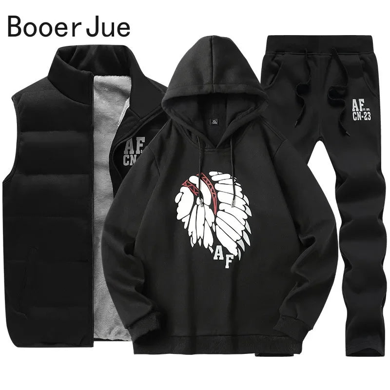 3 Pieces Set Hoodies+Vest+Pants Casual Men's Track Suit Clothing Coats Winter Thick Warm Tracksuit for Men Printed Mens Set Vest