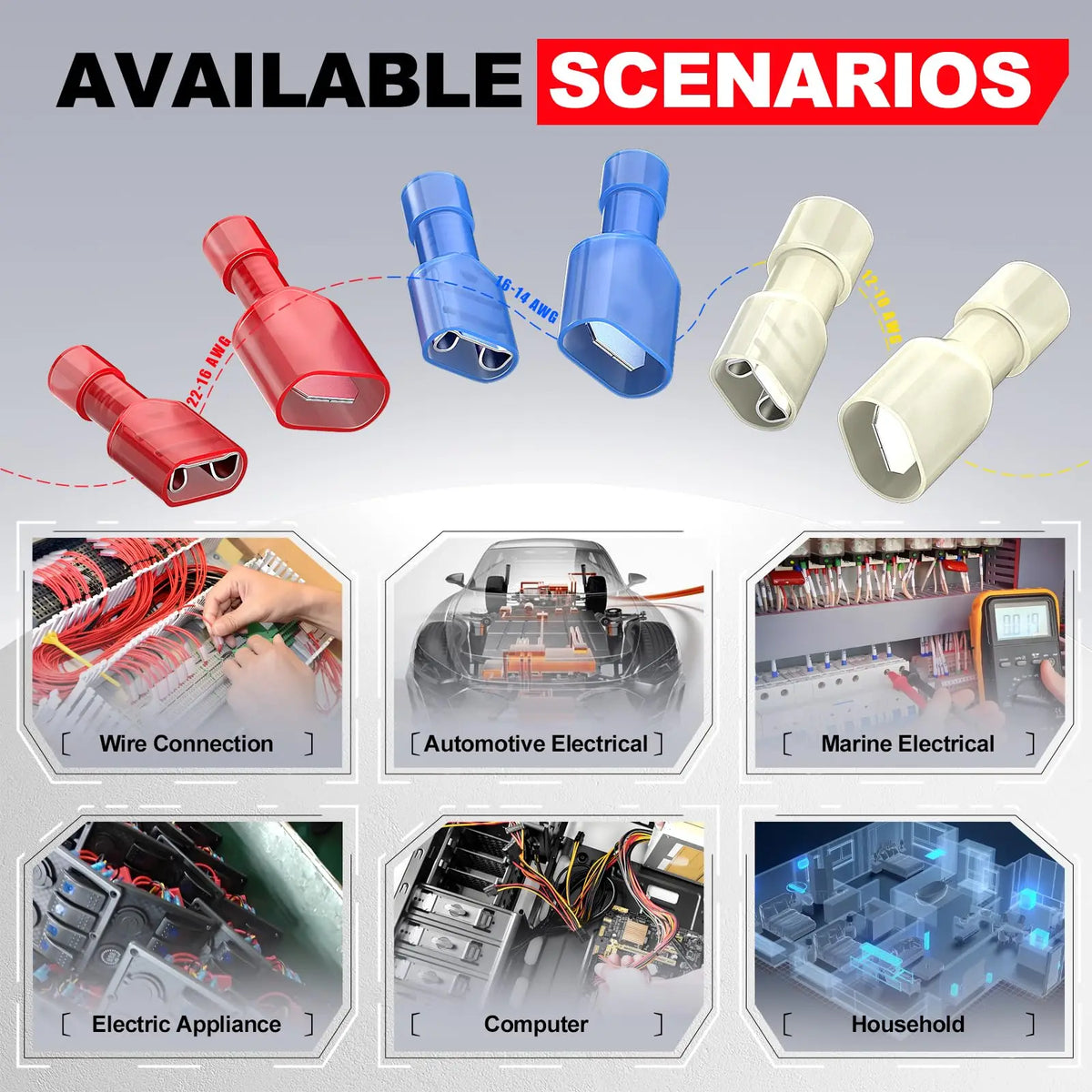 88/108Pcs Spade Connectors Kit, 22-10 AWG Male/Female Terminals, Nylon Insulated Crimp Connectors for Auto, Marine, Home, DIY