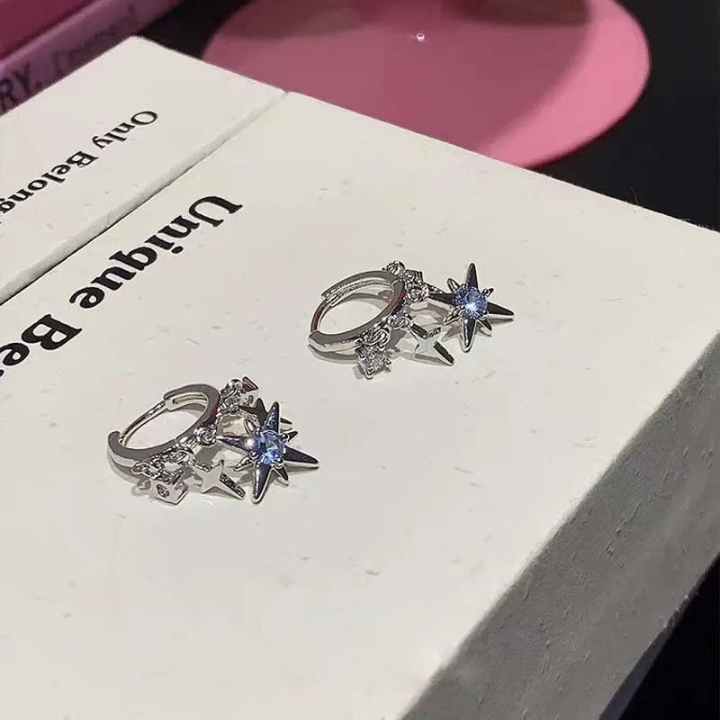 New Y2K Blue Zircon Star Tassel Pendant Earrings For Women Men Silver Color Ear Buckle Jewelry Gift Accessories Wholesale Sales