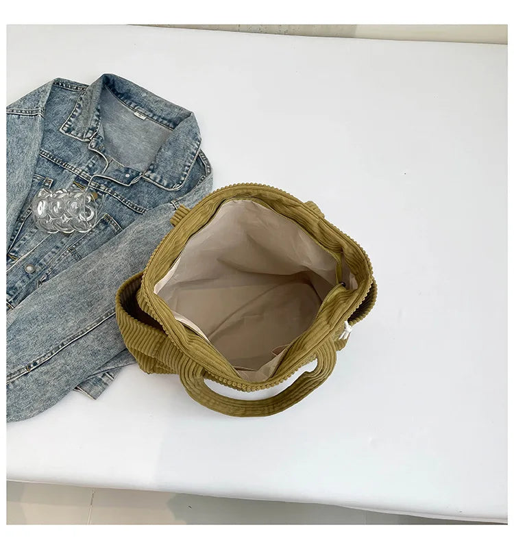 Corduroy Women Bag Fashionable Large Capacity Handbag Shoulder Bag Versatile Artistic Retro Student Class Bag with Zipper Pocket