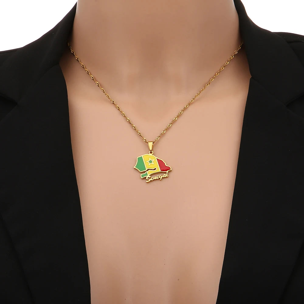 African Sénégal Map Flag Pendant Necklace Stainless Steel Men Women Senegal Maps Jewelry Gift