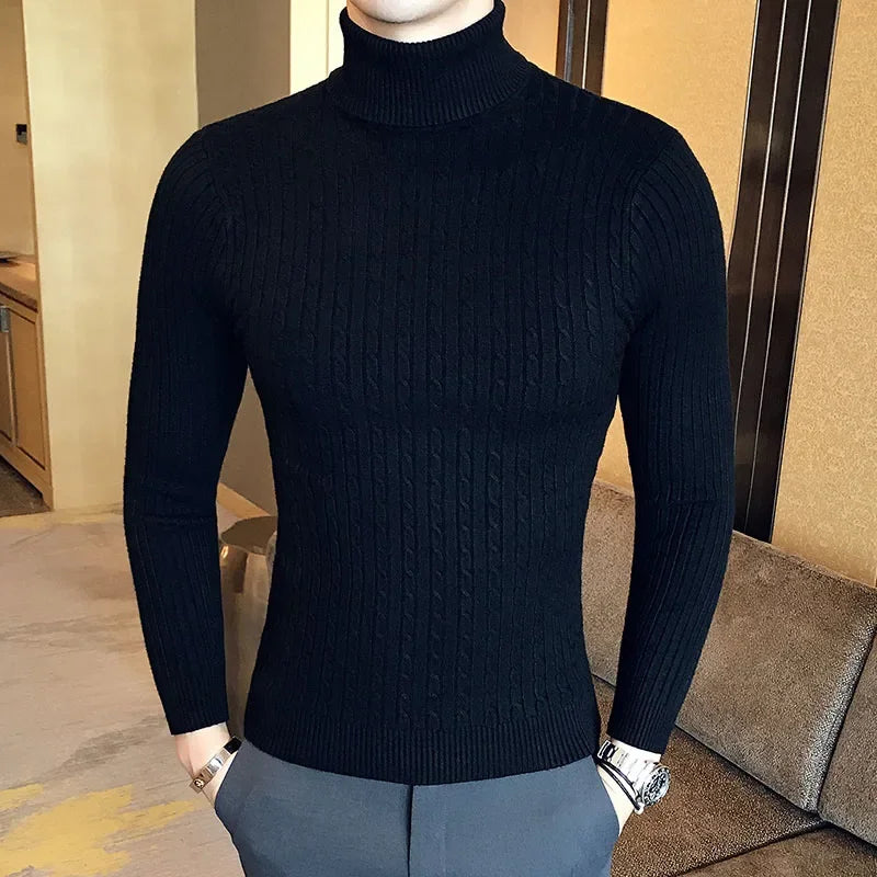 New Men's Pullover Knitted Slim Fit Sweaters Casual Turtleneck Sweashirts Casual Warm Tops Basic Solid Color Loose Sweatwear