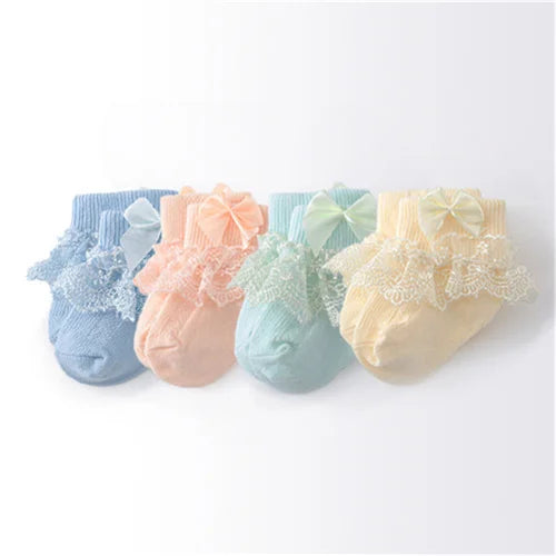 Lawadka 4Pairs/lot Newborn Baby Socks For Girls Cotton Lace Infant Girls Sock Princess Bow Toddler Baby Girls Socks Spring 0-24M
