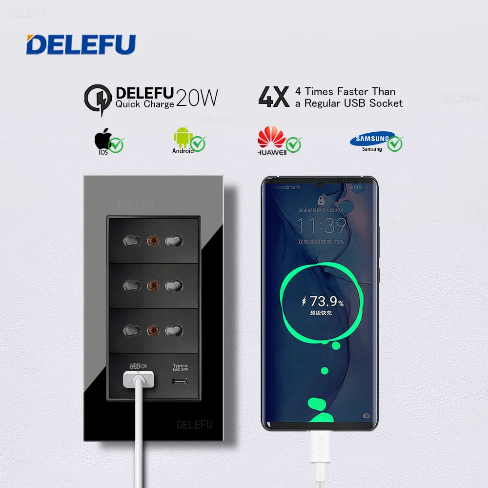 DELEFU Glass SC70 Panel 145mm Black Italian Standard USB C-type Fast Charging Wall Socket Switch TV Telephone CAT5 CAT6