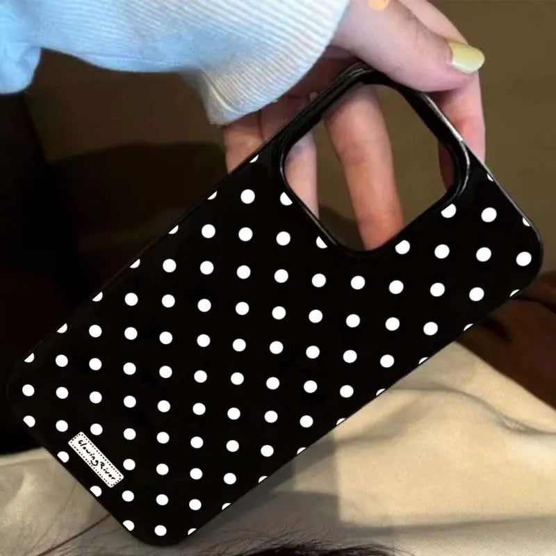 Luxury Korean White Polka-Dot Label Phone Case For iPhone 16 15 14 13 12 11 Pro Max XS XR X 7 8 Plus 16E Shockproof Soft Cover