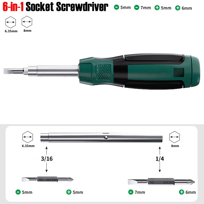 6-in-1 Outer Hexagon Socket Screwdriver Double Head Slotted Cross Nut Key Phillips Flat Driver Chrome Vanadium Steel Hand Tools