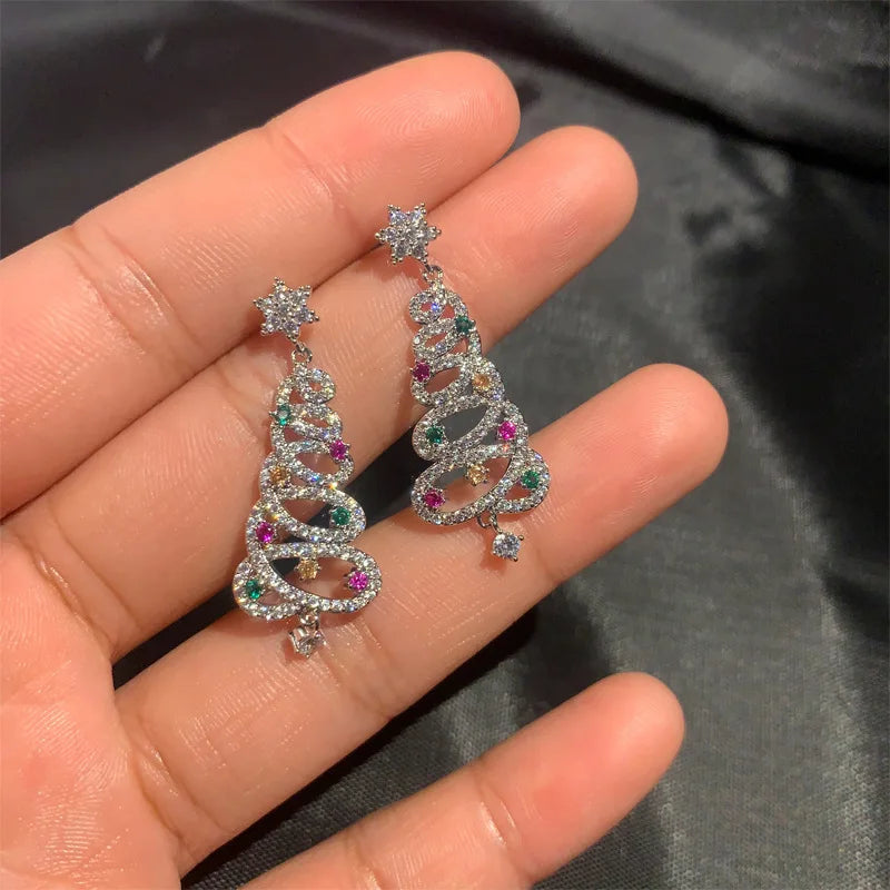 Colorful Zircon Christmas Tree Earrings for Women Fashion Red Green Crystal Tree Pendant Earring New Year Holiday Jewelry Gifts