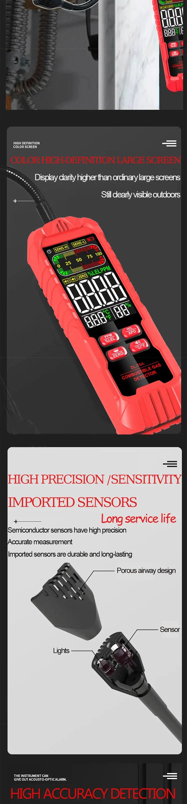 ZLLJMETER Handheld Gas Leak Detector Methane Combustible Gas Testers Portable Gases Concentration Analyzer Meter Leakage Tools