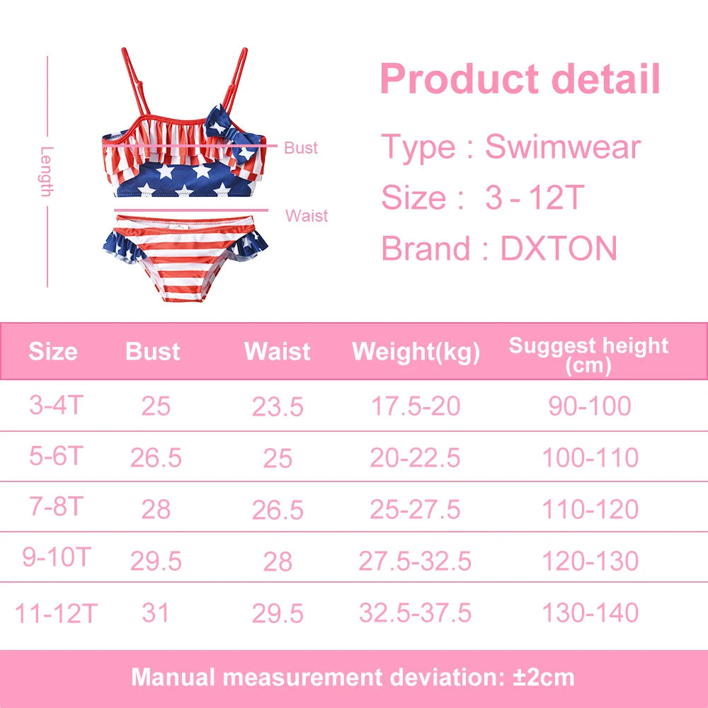 DXTON Girls 2 pcs Swimwear Suit Kids Flag Print Stars Stripe Swimsuit Children Bikini Sets for Summer Beachwear Bathing suit
