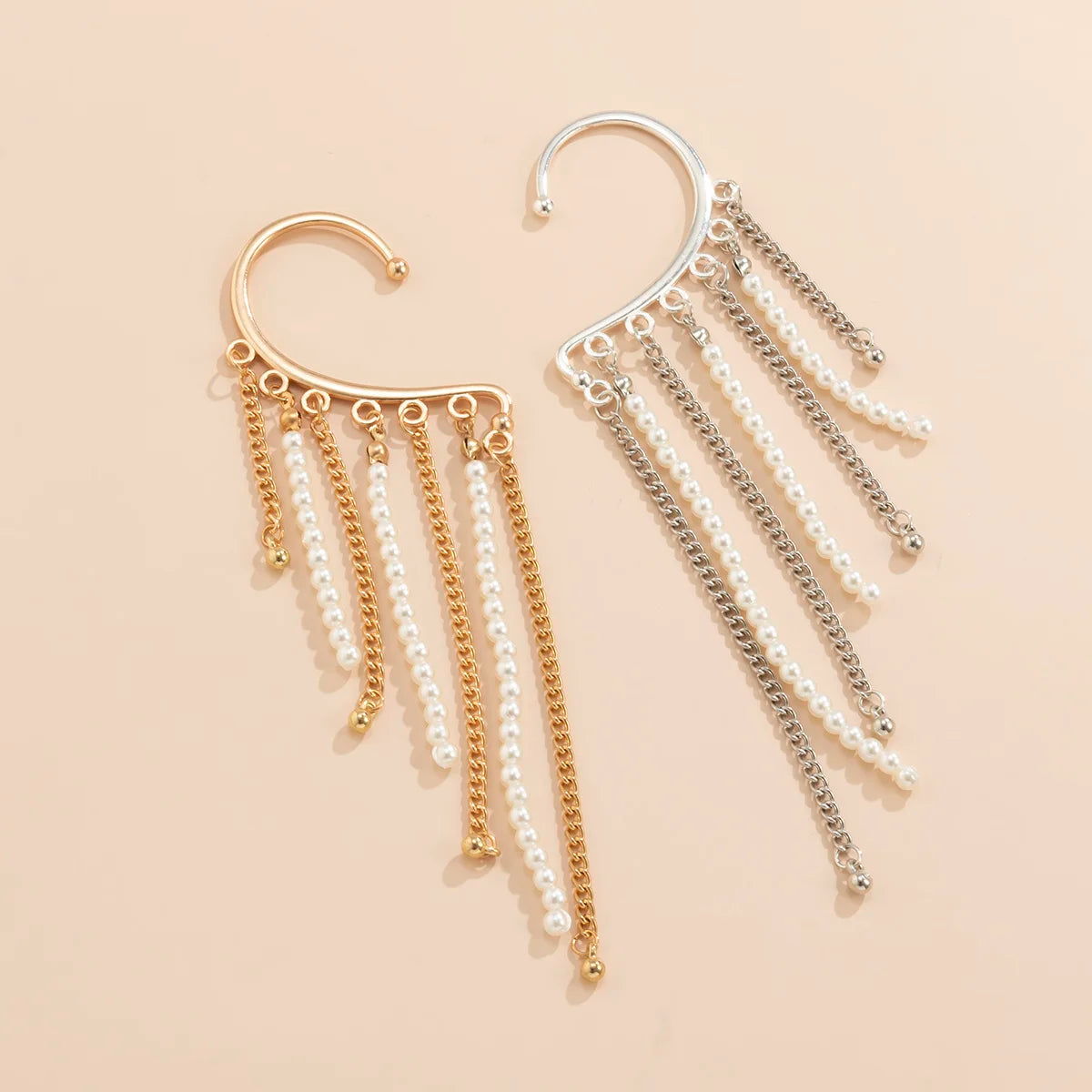 IngeSight.Z 1PC Imitation Pearl Sequins Long Tassel Earrings Kpop Arc Ear Hanging Fake Cartilage Clip Earrings Jewelry Accessory