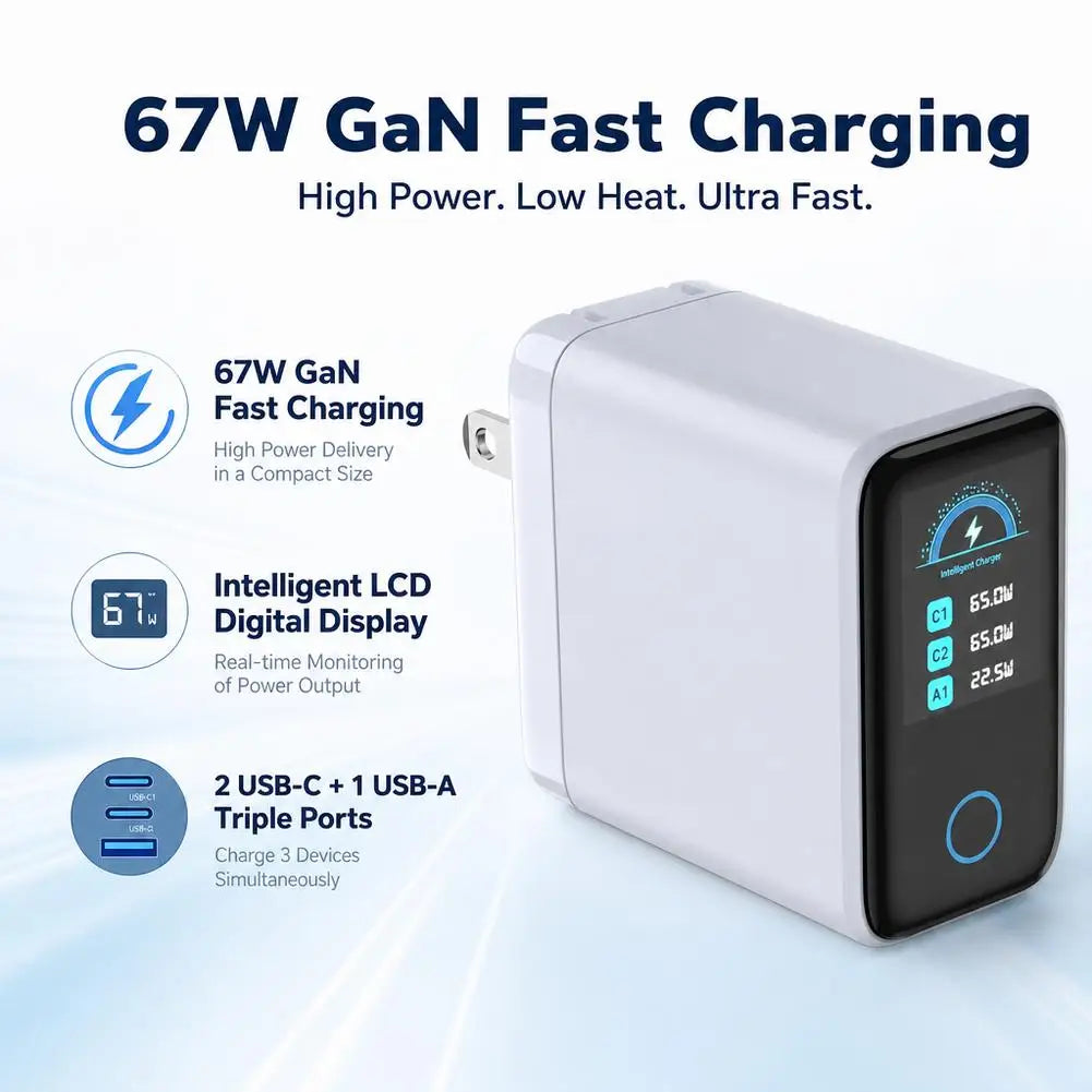 65W GaN Fast Charging Station with LCD Digital Screen, PD3.0 Wall Charger for Laptop, iPhone 17 , Samsung, iPad, Power Delivery