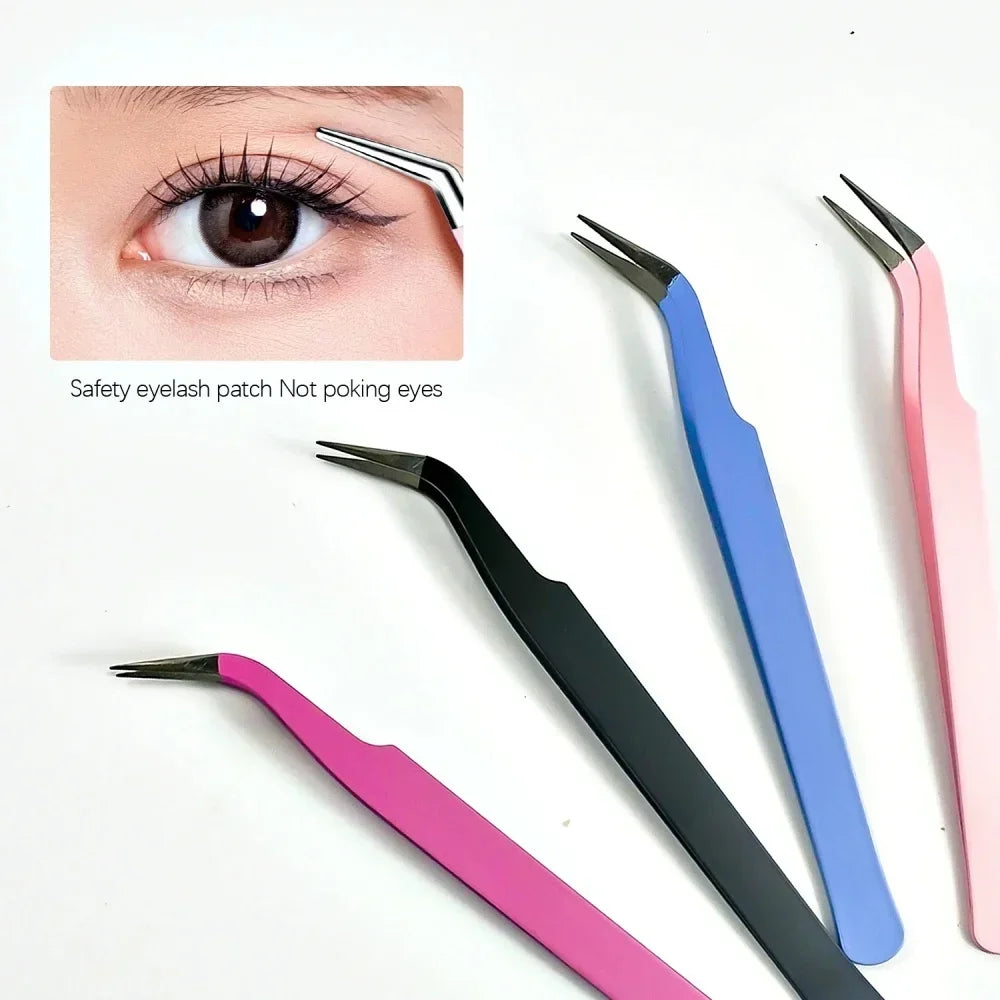 Stainless Steel Straight Curved Eyelash Tweezers False Lash Application Clip for Eyelid Tape Nail Rhinestone Picker Makeup Tool