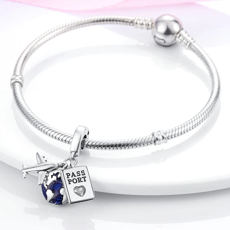 MULA Hot Sale 925 Silver Plane Passport Travel Charm Fit Original Snake Chain Bracelet DIY Jewelry Gift For Women
