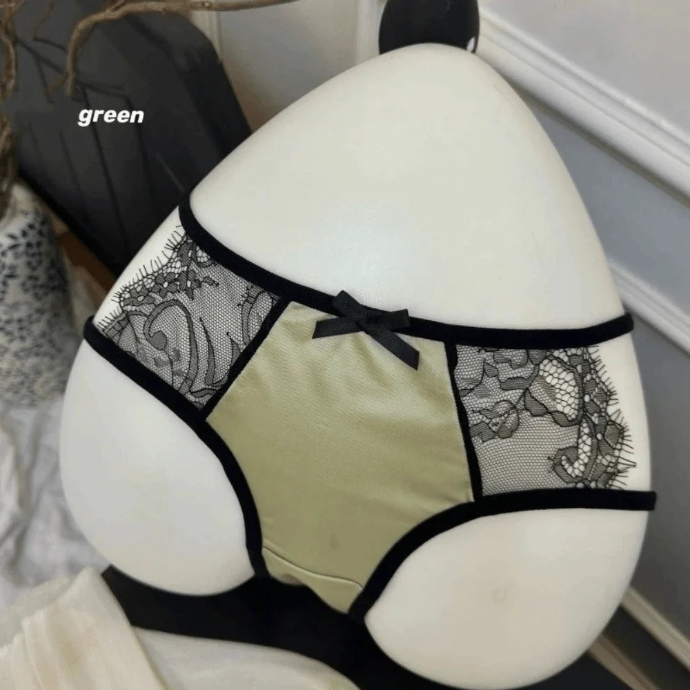 Cute Low Waist Underwear for Women Bow Transparent Sweet Lace Panties Hollow Mesh Satin Silk Briefs Female