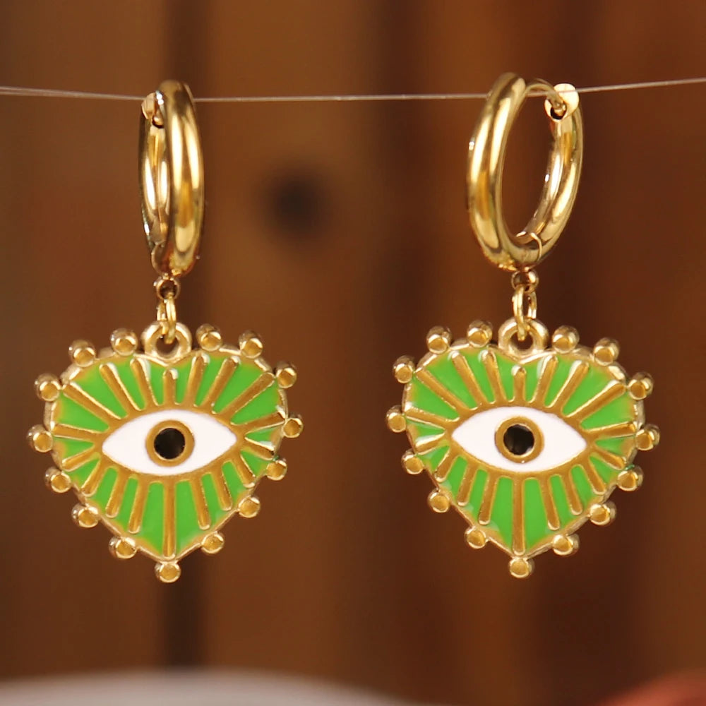 Vintage 316L Stainless Steel Turkish Evil Eye Hoops Earrings Huggie Drop Heart Pendant Earrings For Women Daily Jewelry Gifts