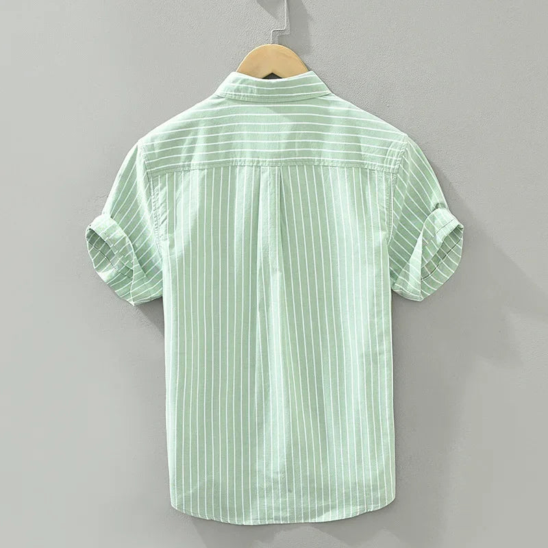 Green Striped Short Sleeve Shirts for Men Casual Turn-down Collar Tops Man Summer New Fashion Button Up Shirt Clothing