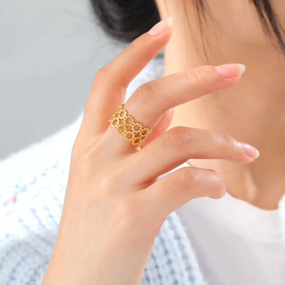 Amaxer For Women Lover's Rings Star Lace Beads Strip Stainless Steel Gold Color Silver Color Engagement Jewelry Party Gift