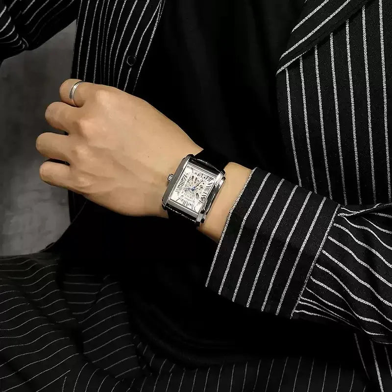 Square Skeleton Mechanical Watches for Man Luxury Business Casual Man Automatic Watch Leather Strap Gift Hand Clock for Men