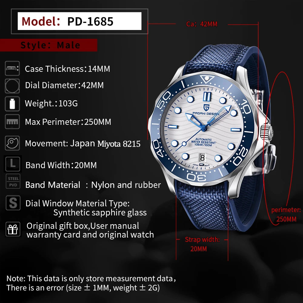PAGANI DESIGN Men's Automatic Mechanical Watch Exclusive Customization Limited-Edition Luminous Sapphire Mirror Reloj De Buceo