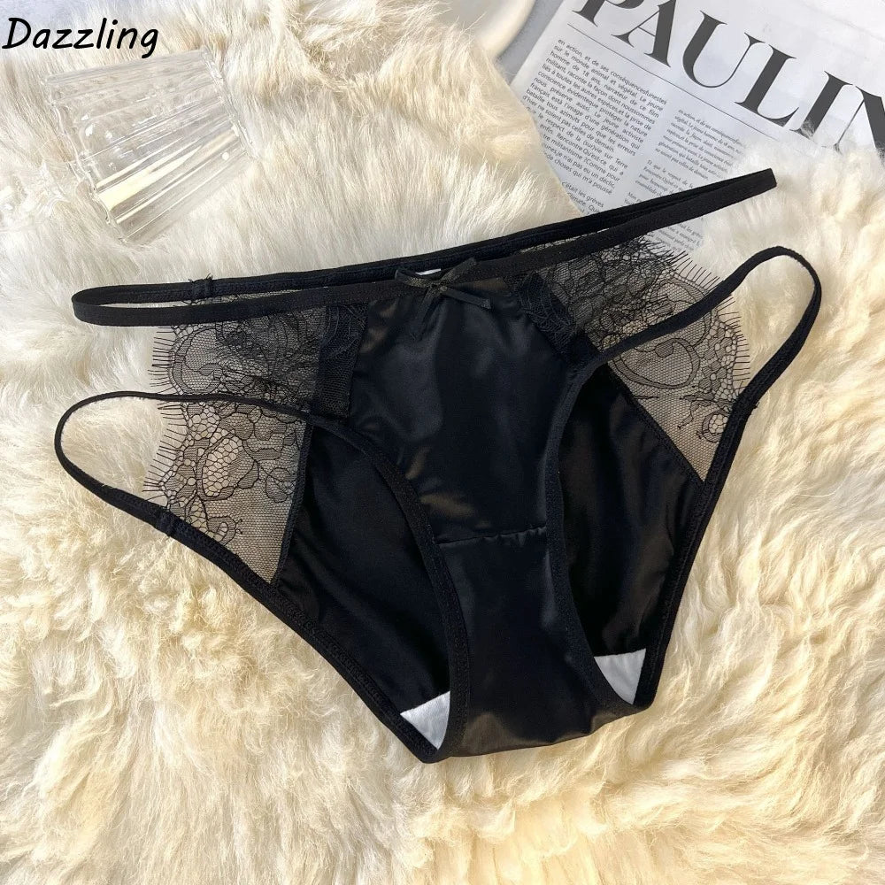 Cute Low Waist Underwear for Women Bow Transparent Sweet Lace Panties Hollow Mesh Satin Silk Briefs Female