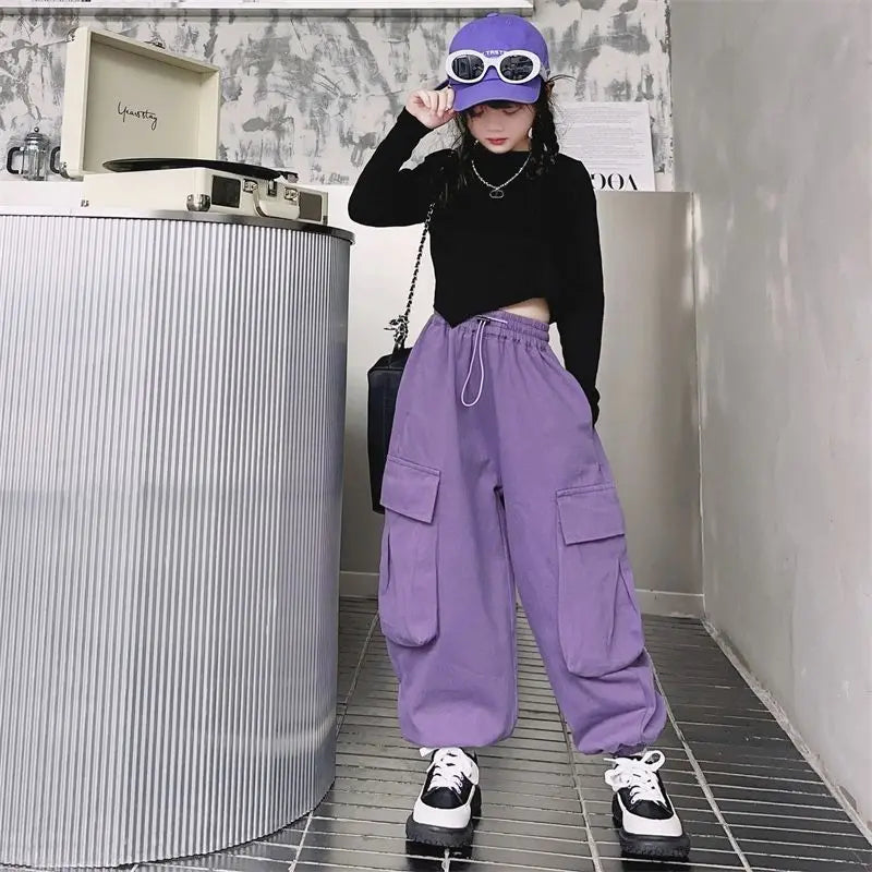 5-14Y Kids Hip Hop Joggers Pants Girls Cargo Pants Teenage Straight Trousers High Waist Vintage Casual Streetwear Baggy Pants