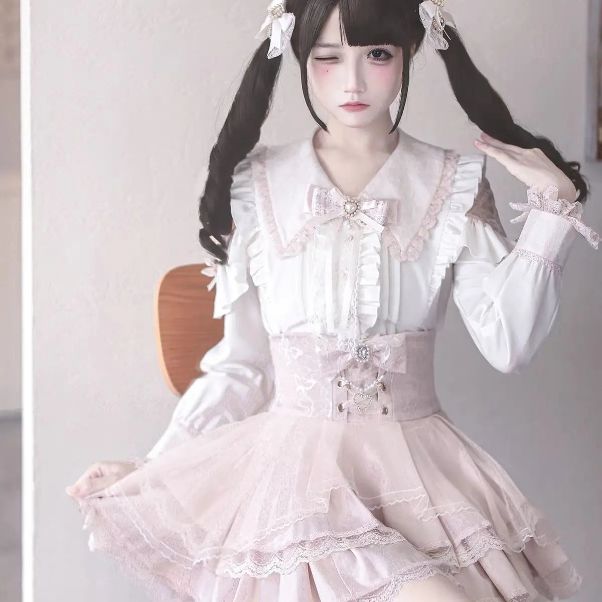 Japanese Sweet Lolita Blouse Long Sleeve Women Casual Skirts Lace Ruffle Blouse Y2K Harajuku Y2K Kawaii Subculture Outfit 2026