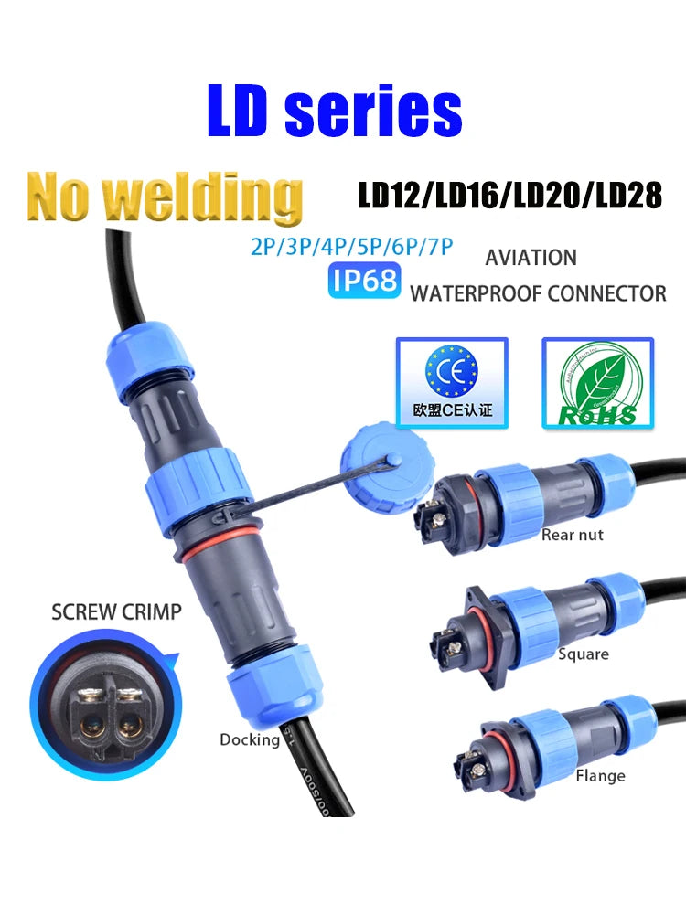 IP68 Waterproof Male Female Electrical Connector LD Series2/3/4/5/6/7/9-Pin Panel-Mount Screw Wire Cable Aviation Plug Connector