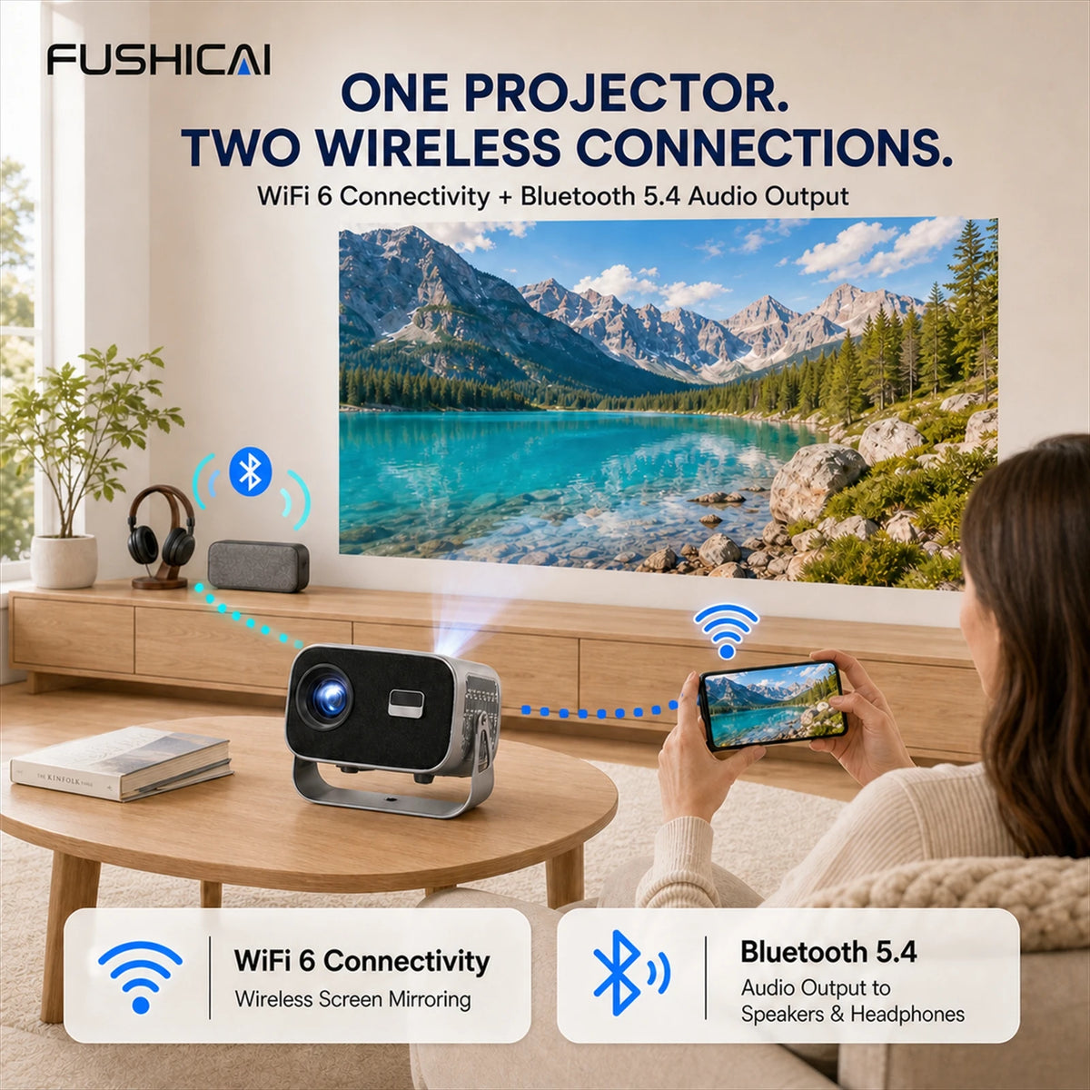 FUSHCAI Outdoor Projector A10 Portable Mini Projector with 360° Rotation 900 ANSI Native 720P 4K Compatible Auto Focus BT 5.4