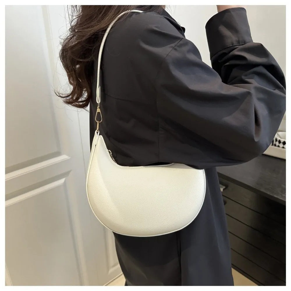 Casual PU Leather Shoulder Bag Moon-shaped Large Capacity Underarm Bag Solid Color Tote Handbag Women's Handbags