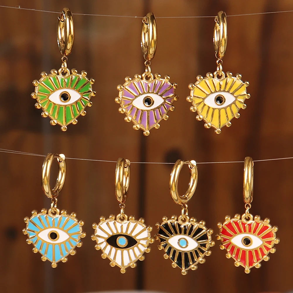 Vintage 316L Stainless Steel Turkish Evil Eye Hoops Earrings Huggie Drop Heart Pendant Earrings For Women Daily Jewelry Gifts